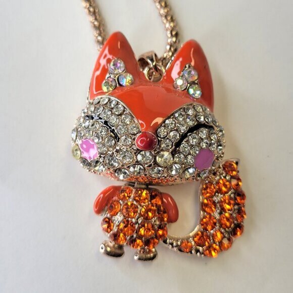 Fox Pendant Necklace Orange Animal Pendant Long Necklace Orange Crystal Pendants - Picture 4 of 12